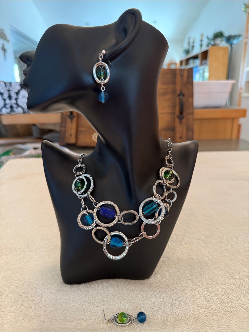 Silver Multi-Circle Necklace & Earrings Turquoise, Purple & Green Glass Beads